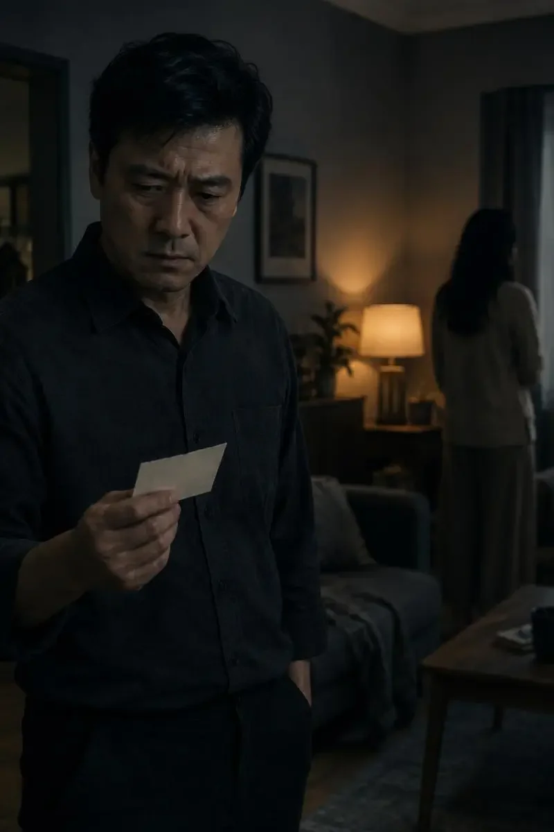 《假彩票，真离婚》封面：昏暗客厅中手持纸券的男主角